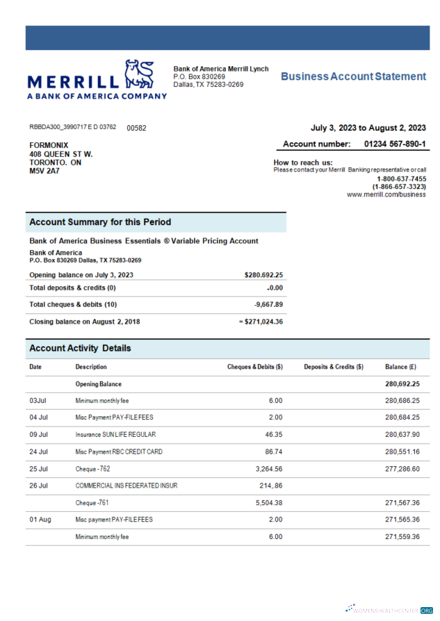 Download Merrill Bank organization account statement Word and PDF template Photoshop template